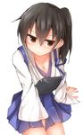  between_legs blue_skirt breasts brown_eyes brown_hair cleavage hand_between_legs highres japanese_clothes kaga_(kantai_collection) kantai_collection medium_breasts mizushina_minato muneate side_ponytail simple_background skirt solo white_background 