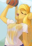  ajin anthro blonde_hair breasts cider clothing drinking equine eyes_closed feathers female friendship_is_magic fur golden_ticket hair hooves horn horse long_hair mammal my_little_pony nipples open_mouth original_character outside pony solo standing wet_shirt winged_unicorn wings yellow_fur 