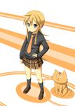  :3 bad_id bad_pixiv_id black_legwear blonde_hair blue_eyes blush full_body hyakko kageyama_torako kneehighs long_hair necktie ponytail school_uniform shoes skirt smile tiger ukami 