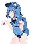  backpack bag blue_eyes blue_hair cabbie_hat chestnut_mouth colored_eyelashes cowboy_shot fuukadia_(narcolepsy) goggles goggles_on_headwear hat kawashiro_nitori key looking_at_viewer school_swimsuit shirt simple_background solo swimsuit swimsuit_under_clothes t-shirt touhou two_side_up 