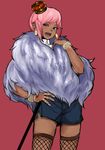  1boy 2n5 androgynous bracelet crown dark_skin earrings fishnets fur_trim green_eyes hand_on_hip jewelry lots_of_jewelry original pink_hair red_background ring sharp_teeth short_hair shorts simple_background solo standing thighhighs 