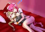  :&lt; ahoge animal_ears ayu_minori blazblue braid cat_ears cat_tail closed_eyes colored_eyelashes covered_navel detached_sleeves green_hair hand_on_head kokonoe lambda-11 long_hair lying multiple_girls multiple_tails on_side open_mouth pillow pink_hair red_eyes single_braid sleeping spooning tail unitard zzz 