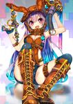  :d ange_vierge belt boots breasts cleavage gas_mask gradient_hair gun handgun headgear holding long_hair looking_at_viewer md5_mismatch medium_breasts multicolored_hair nekoboshi_sakko open_mouth purple_hair red_eyes shorts sitting smile solo weapon 