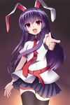  :d animal_ears black_legwear bunny_ears cowboy_shot gradient gradient_background long_hair looking_at_viewer miya_(tokumei) necktie open_mouth pleated_skirt pointing pointing_at_viewer purple_hair red_eyes red_neckwear reisen_udongein_inaba revision school_uniform simple_background skirt smile solo thighhighs touhou zettai_ryouiki 