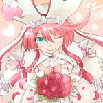  bouquet breasts cleavage elphelt_valentine flower green_eyes guilty_gear guilty_gear_xrd heart kitayama_miuki large_breasts looking_at_viewer one_eye_closed petals rose short_hair smile solo 