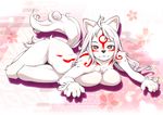  amaterasu animal_ears breast_press breasts fur furry j7w long_hair looking_at_viewer lying nude on_stomach ookami_(game) red_eyes solo tail tattoo white_hair wolf_ears wolf_tail 