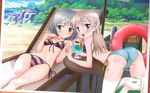  2girls ball barefoot basket beach beach_umbrella beachball bent_over bikini blush breasts brown_hair chair cleft_of_venus cloud drink eila_ilmatar_juutilainen feet female forest glass green_eyes hand_holding hand_on_own_chest highres innertube kaidou_hiroyuki long_hair looking_back lounge_chair lying multiple_girls navel nipples nyantype on_back open_mouth outdoors parasol picnic_basket plant purple_eyes sanya_v_litvyak short_hair silver_hair sky small_breasts smile soles strike_witches swimsuit table thermos thighs toe_scrunch toes triangle_mouth umbrella water 