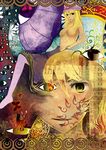  abstract blonde_hair breasts bug butterfly chen chen_(cat) dress evil_smile eyeball eyes facial_mark fire flame floral_background full_body grin hat heterochromia insect jitome long_hair looking_at_viewer medium_breasts mob_cap multiple_girls parted_lips patterned purple_dress red_eyes seat slit_pupils smile suehan symbolism throne topless touhou umbrella yakumo_ran yakumo_yukari yellow_eyes 