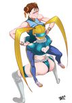  2girls ass back_cutout bearhug blonde_hair boots breast_press breasts brown_eyes brown_hair capcom chun-li clenched_teeth double_bun heart_cutout huge_ass large_breasts long_hair mask multiple_girls rainbow_mika ryona spandex street_fighter street_fighter_zero street_fighter_zero_3 street_fighter_zero_iii takemaru08 teeth twintails wrestling 