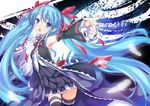  47agdragon blue_eyes blue_hair detached_sleeves dress feathers hair_ribbon hatsune_miku long_hair open_mouth outstretched_arm ribbon solo thighhighs twintails very_long_hair vocaloid 