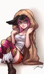  1girl ajamariesart breasts cleavage grin jewelry_bonney lipstick long_hair looking_at_viewer makeup medium_breasts one_piece pink_hair purple_eyes sitting smile solo 