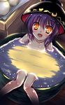  bathing bowl bowl_hat collarbone full_moon hat in_bowl in_container minigirl moon night nude open_mouth purple_hair reflection smile solo sukuna_shinmyoumaru touhou yamu_(reverse_noise) yellow_eyes 