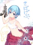  blue_eyes blue_hair blush breasts bullet_hole copyright_name goutokuji_kayo gun kamo_(sabagebu!) kashiwamochi_yomogi looking_at_viewer mac-11 navel sabagebu! short_hair small_breasts solo sports_bra submachine_gun trigger_discipline weapon 