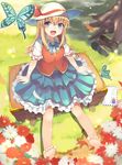  :d bad_id bad_pixiv_id barefoot blonde_hair blue_eyes bow bowtie bug butterfly casual flower frilled_skirt frills grass hat hat_ribbon insect letter long_hair miya_(tokumei) open_mouth original revision ribbon shoes_removed sitting skirt smile solo suitcase sun_hat vest 
