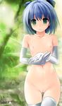  aqua_eyes blue_hair bow cirno cleft_of_venus collarbone elbow_gloves flat_chest gloves hair_bow ice ice_wings namamo_nanase navel nipples nude pussy solo thigh_gap thighhighs touhou white_gloves white_legwear wings 