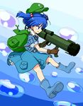  backpack bag bazooka blue_eyes blue_hair blush boots brown_gloves bubble character_name colored_eyelashes dress eyelashes frilled_skirt frills full_body gimicalmas gloves hair_bobbles hair_ornament hat highres kawashiro_nitori key long_sleeves pocket rocket_launcher rubber_boots short_hair short_twintails skirt skirt_set solo touhou twintails two_side_up weapon 