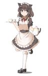  animal_ears bad_id bad_pixiv_id black_hair blue_eyes carrying cat_ears cup full_body holding looking_at_viewer maid maid_headdress mary_janes miya_(tokumei) original shoes short_hair simple_background smile solo standing standing_on_one_leg teacup teapot tray white_background white_legwear 