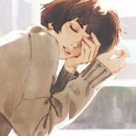  bangs brown_hair closed_eyes commentary english_commentary hand_over_eye highres ilya_kuvshinov leaning_forward long_sleeves original parted_lips short_hair solo sweater white_sweater 