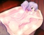  1girl anus areolae ass bath bathroom bathtub blush breasts censored earrings from_behind jewelry legs long_hair looking_back nipples nude purple_hair pussy quadrastate red_eyes small_breasts steam thighs top_wo_nerae_2! twintails tycho_science water 