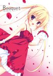  :d blonde_hair bouquet dress dutch_angle flower hair_ornament highres holding long_hair looking_at_viewer miyasaka_miyu open_mouth original petals purple_eyes red_dress rose simple_background smile solo twintails white_background wrist_cuffs 
