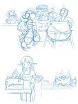  1boy 1girl apron beard blue cake cauldron clothes_writing cooking dragon&#039;s_crown dragon's_crown dwarf_(dragon&#039;s_crown) dwarf_(dragon's_crown) elf elf_(dragon&#039;s_crown) elf_(dragon's_crown) facial_hair food hair_net helmet highres hood matsu-sensei mustache pointy_ears scorpion sketch table 