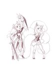  ahri angry animal_ears fkey fox_ears fox_tail league_of_legends leona_(league_of_legends) long_hair monochrome multiple_girls open_mouth round_teeth shield stepped_on sword tail teeth weapon 