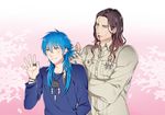  blue_hair bracelet braid dramatical_murder dream_catcher feathers hair_feathers hairdressing jewelry long_hair male_focus md5_mismatch mink_(dramatical_murder) mouth_hold multiple_boys necklace ring sen_nai seragaki_aoba smile yellow_eyes 