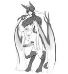  1girl abubu animal_ears breasts crown extra_breasts full_body futanari monochrome monster_girl nipples original penis simple_background solo tail tongue wings 