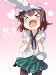  &gt;_&lt; 1girl brown_hair character_name eyes_closed heart highres kantai_collection kimagure_ringo mutsuki_(kantai_collection) open_mouth pantyhose petting school_uniform short_hair solo_focus 