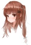  bangs blush brown_eyes brown_hair closed_mouth commentary_request dokomon eyebrows_visible_through_hair girls_frontline hair_ornament hairclip k-2_(girls_frontline) korean_commentary long_hair looking_at_viewer one_side_up portrait simple_background solo white_background 