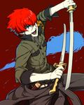  cross_scar dual_wielding grey_eyes holding male_focus minazuki_sho persona persona_4:_the_ultimate_in_mayonaka_arena persona_4:_the_ultimax_ultra_suplex_hold red_hair sami_(object_dump) scar school_uniform smile solo sword weapon 