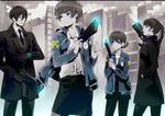  3girls black_hair brown_hair caduceus dominator_(gun) formal ginoza_nobuchika gun kunizuka_yayoi kuso_bba long_hair multiple_girls necktie ponytail psycho-pass rain shimotsuki_mika short_hair skirt suit tsunemori_akane watch weapon wristwatch 