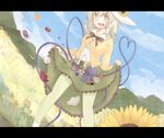  adapted_costume blush flower green_eyes green_hair hat karua_m komeiji_koishi letterboxed rose scenery short_hair skirt skirt_basket skirt_lift sunflower third_eye touhou 