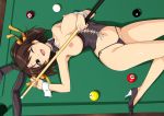  1girl animal_ears areolae breasts breasts_outside brown_eyes brown_hair bunny_ears bunnysuit cue_stick detached_collar fake_animal_ears haruhisky looking_at_viewer lying medium_breasts navel nipples on_back one_eye_closed open_mouth pool_table smile solo suzumiya_haruhi suzumiya_haruhi_no_yuuutsu wrist_cuffs 