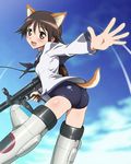  animal_ears ass brown_hair fox_ears gun looking_back miyafuji_yoshika norizou revision school_swimsuit solo strike_witches striker_unit swimsuit tail weapon wolf_tail world_witches_series 