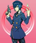  androgynous blue_eyes blue_hair cabbie_hat coat double-breasted gun handgun hat persona persona_4 persona_4:_the_ultimate_in_mayonaka_arena persona_4:_the_ultimax_ultra_suplex_hold reverse_trap revolver sami_(object_dump) school_uniform shirogane_naoto short_hair solo weapon 