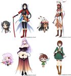  4girls bare_shoulders black_hair bolo_tie bottomless breasts brown_hair chibi choker cleavage collar covering dark_skin demon_girl demon_tail domina_orkesis elerelle full_body glasses headdress long_hair ma-ko_hunter medium_breasts midriff multiple_girls munashi_mujou native_american native_american_headdress polearm purple_hair samurai short_hair skirt smile spear standing sword tail tail_censor thighhighs tittowu tsubaki_narukami weapon wings 