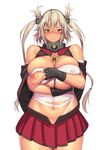  1girl areolae bare_shoulders blush breast_hold breasts breasts_outside collar curvy erect_nipples glasses hakai_shin huge_breasts kantai_collection looking_at_viewer musashi_(kantai_collection) navel nipples red_eyes silver_hair smile standing thick_thighs thighs twintails white_background wide_hips 