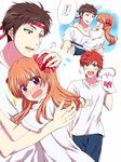  1girl 2boys blush borrowing_race bow brown_eyes brown_hair carrying gekkan_shoujo_nozaki-kun gym_uniform hachimaki hair_bow headband highres mikoshiba_mikoto multiple_boys nozaki_umetarou open_mouth orange_hair polka_dot polka_dot_bow princess_carry purple_eyes red_eyes red_hair sakura_chiyo thought_bubble translated yuuki_(animelove0411) 