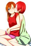  bad_id bad_pixiv_id blue_eyes brown_hair casual cheek_kiss closed_eyes couple hair_down hug hug_from_behind inuzuka_bouru kiss kousaka_honoka long_hair love_live! love_live!_school_idol_project multiple_girls nishikino_maki older one_eye_closed red_hair red_shirt shirt yuri 