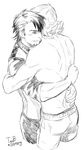  age_difference back bad_id bad_pixiv_id barnaby_brooks_jr closed_eyes copyright_name dimples_of_venus dress_shirt facial_hair flipped_hair greyscale hug kaburagi_t_kotetsu male_focus monochrome multiple_boys muscle sdkay shirt shirtless signature smile standing tiger_&amp;_bunny vest white_background 