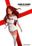  2014_fifa_world_cup absurdres england green_eyes highres katarina_du_couteau league_of_legends long_hair open_mouth red_hair saramande scar scar_across_eye soccer_uniform solo sportswear thighhighs white_legwear world_cup 