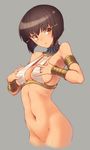  :o armlet assal_(sennen_sensou_aigis) bangs bare_shoulders bikini_top black_hair blush bob_cut bottomless breasts covering covering_nipples cowboy_shot cropped_legs dark_skin from_side grey_background groin hair_ornament hairclip jewelry medium_breasts nakadori_(movgnsk) navel neck_ring open_mouth ribs sennen_sensou_aigis short_hair sideboob simple_background solo strap_gap vambraces yellow_eyes 