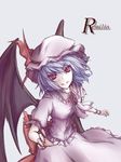  bad_id bad_pixiv_id bat_wings blue_hair bow brooch character_name cowboy_shot fingernails frilled_shirt frilled_skirt frills hat hat_bow jewelry looking_at_viewer mob_cap re_(re_09) reaching red_eyes remilia_scarlet sharp_fingernails shirt short_hair simple_background skirt slit_pupils smile solo touhou wings 