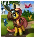  2014 animal_ears avian belt bird blue_eyes boots bush clothing equine eyewear female fluttershy_(mlp) flying friendship_is_magic goggles grass hair harwick hood hoodie mammal my_little_pony path pegasus pink_hair rabbit_ears solo tree wings 