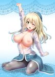  atago_(kantai_collection) beret blonde_hair breasts excel_(shena) green_eyes hat highres kantai_collection large_breasts long_hair nipples one_eye_closed open_clothes open_mouth open_shirt outstretched_arm pantyhose shirt sitting solo 