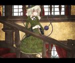  alternate_costume blush dress flower frills gothic_lolita green_eyes green_hair hairband hat karua_m komeiji_koishi letterboxed lolita_fashion rose short_hair solo stairs third_eye touhou 