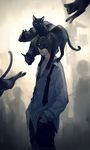  animal animal_on_head animal_on_shoulder black_cat cat cat_on_head cat_on_person cat_on_shoulder commentary cowboy_shot head_out_of_frame highres looking_at_viewer male_focus on_head original solo standing too_many too_many_cats wenqing_yan 