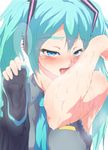  1girl aqua_eyes aqua_hair armpits female hatsune_miku licking looking_at_viewer rei_oe solo stain sweat sweat_stain tagme translated twintails vocaloid 