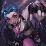  1girl belt blue_hair braid breasts city gloves jinx_(league_of_legends) league_of_legends lipstick long_hair makeup nail_polish pink_eyes single_thighhigh small_breasts tattoo thighhigh thighhighs twin_braids twintails 